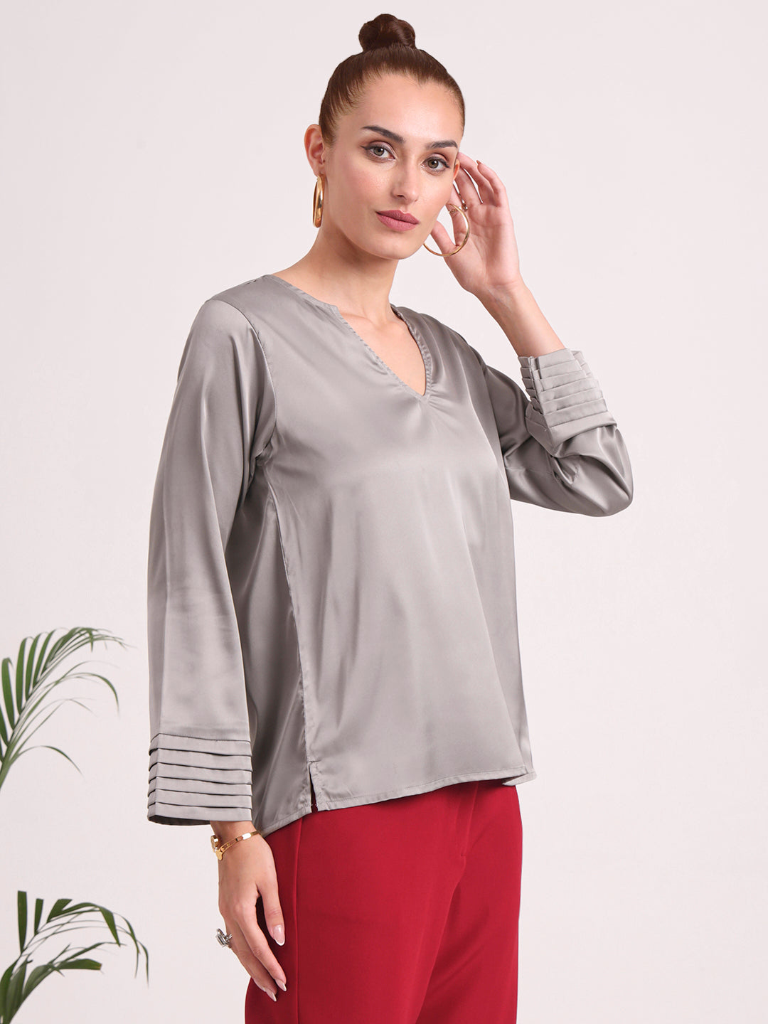 Women's European Satin V Neck Long Sleeve Top
