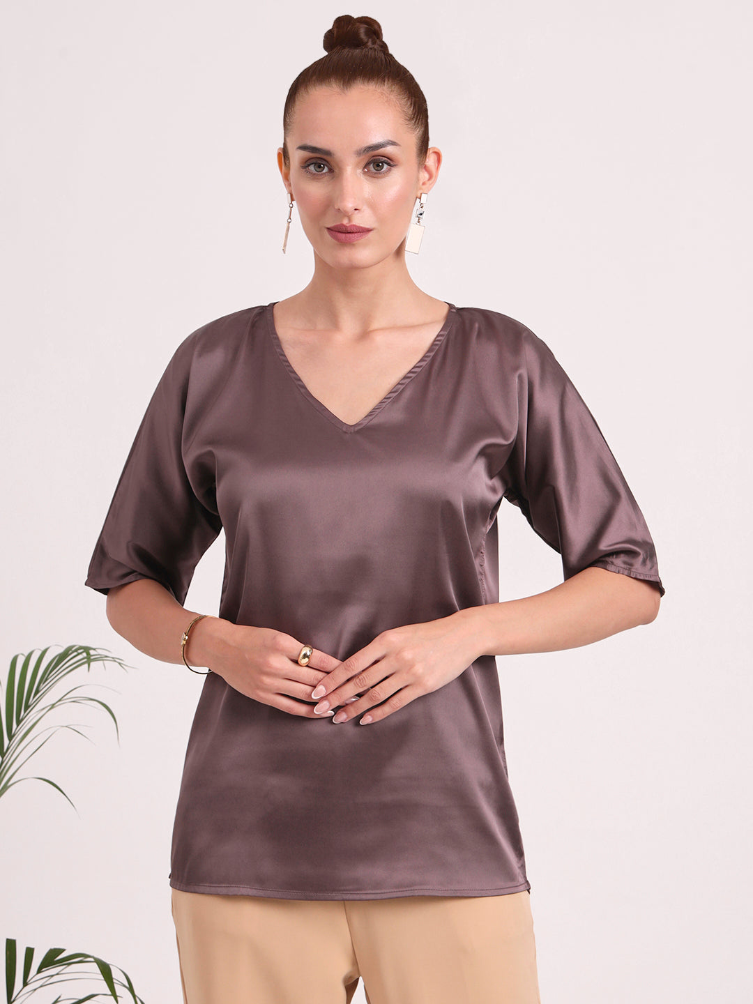 Women's  European Satin-Finish, V-Neck Top