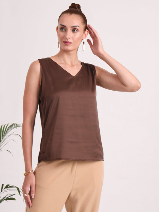 Women's European Satin V Neck Sleeveless Top
