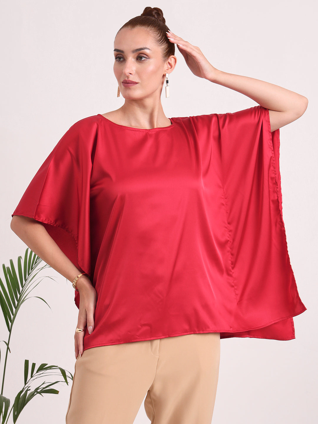 Women's European Satin Solid Baturing Sleeve Crepe