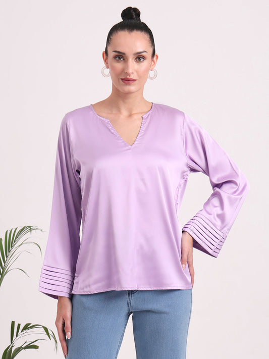 Women's European Satin V Neck Long Sleeve Top