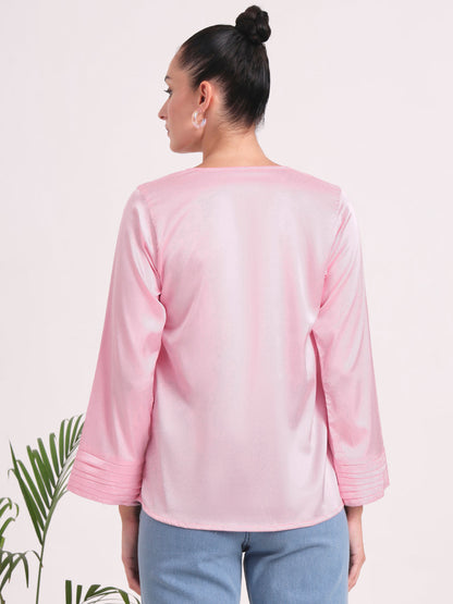 Women's European Satin V Neck Long Sleeve Top