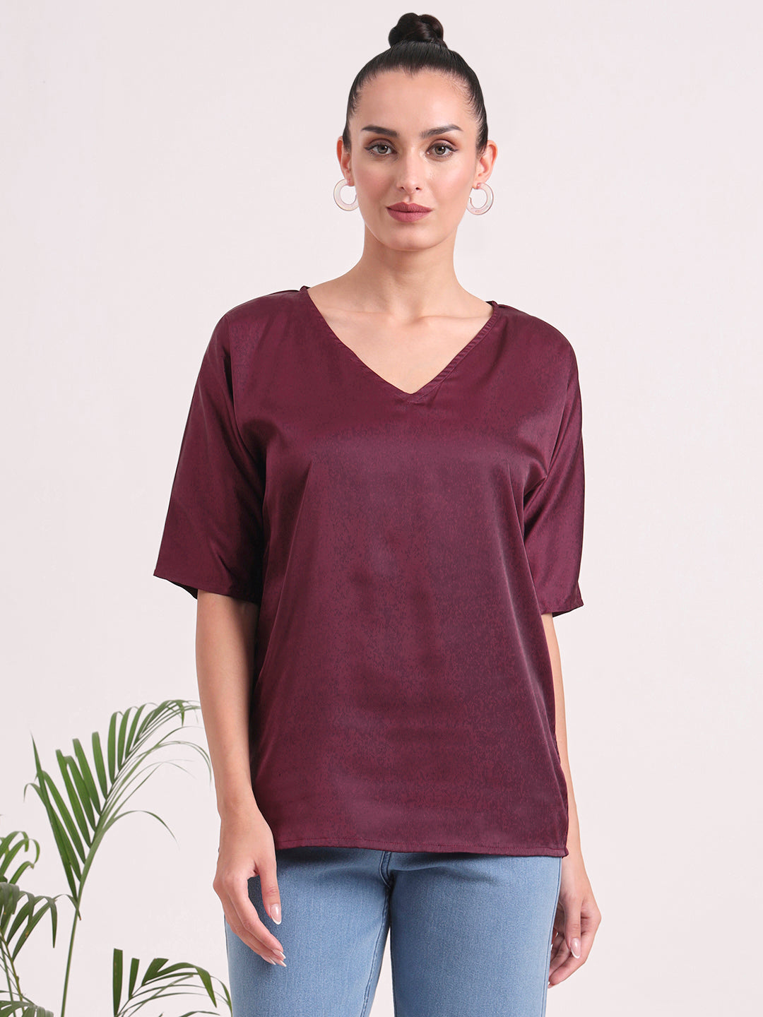 Women's  European Satin-Finish, V-Neck Top