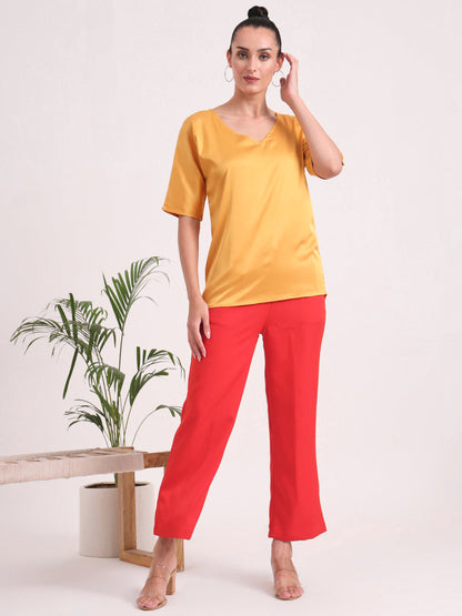 Women's  European Satin-Finish, V-Neck Top