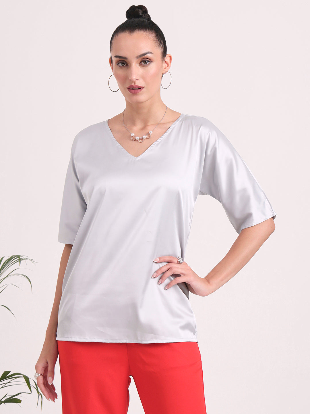 Women's  European Satin-Finish, V-Neck Top