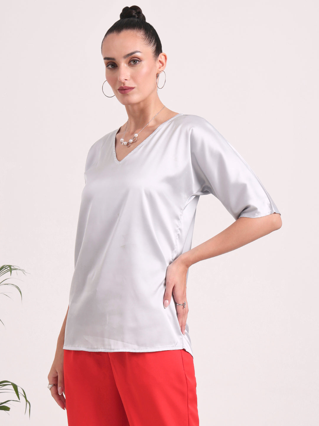 Women's  European Satin-Finish, V-Neck Top