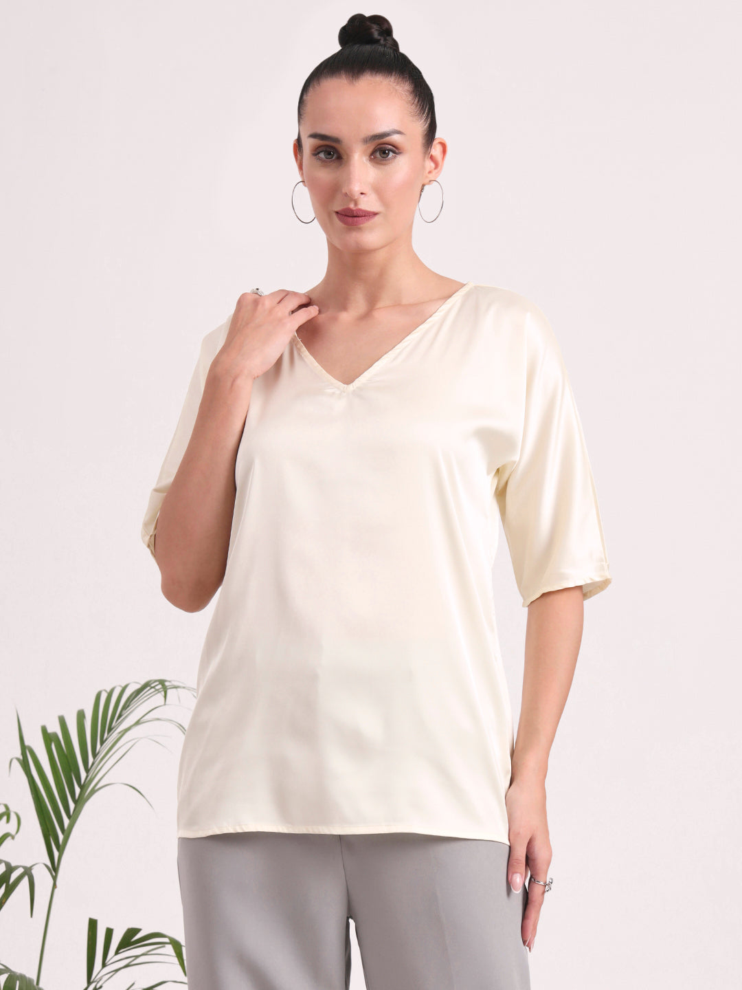 Women's  European Satin-Finish, V-Neck Top