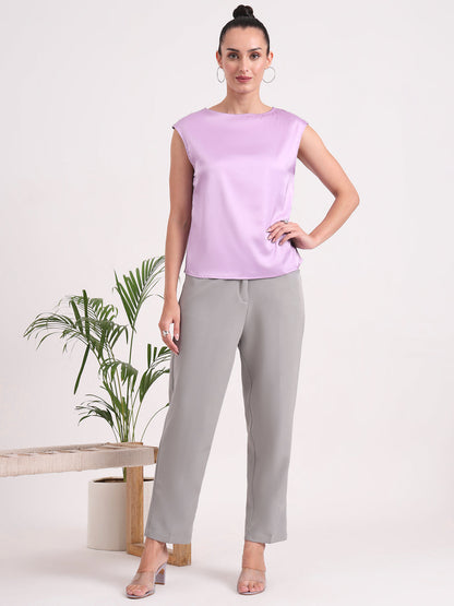 Women's European Satin Solid Crew Neck Top