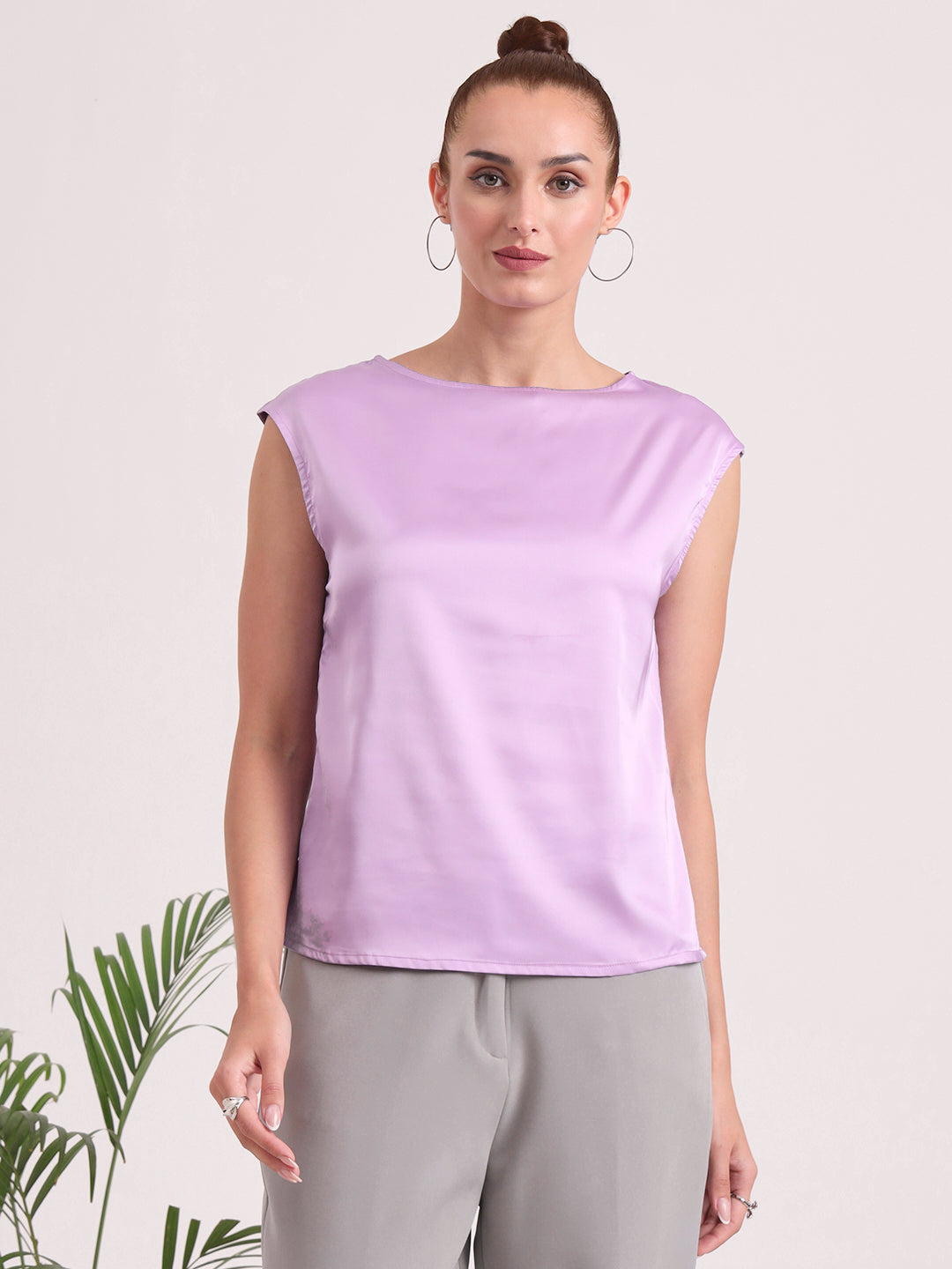 Women's European Satin Solid Crew Neck Top