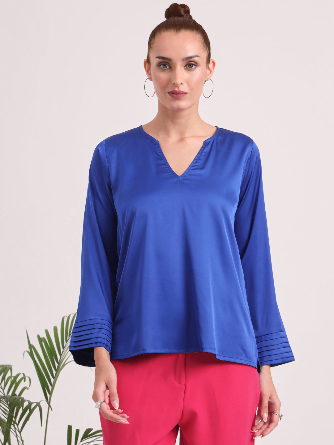 Women's European Satin V Neck Long Sleeve Top