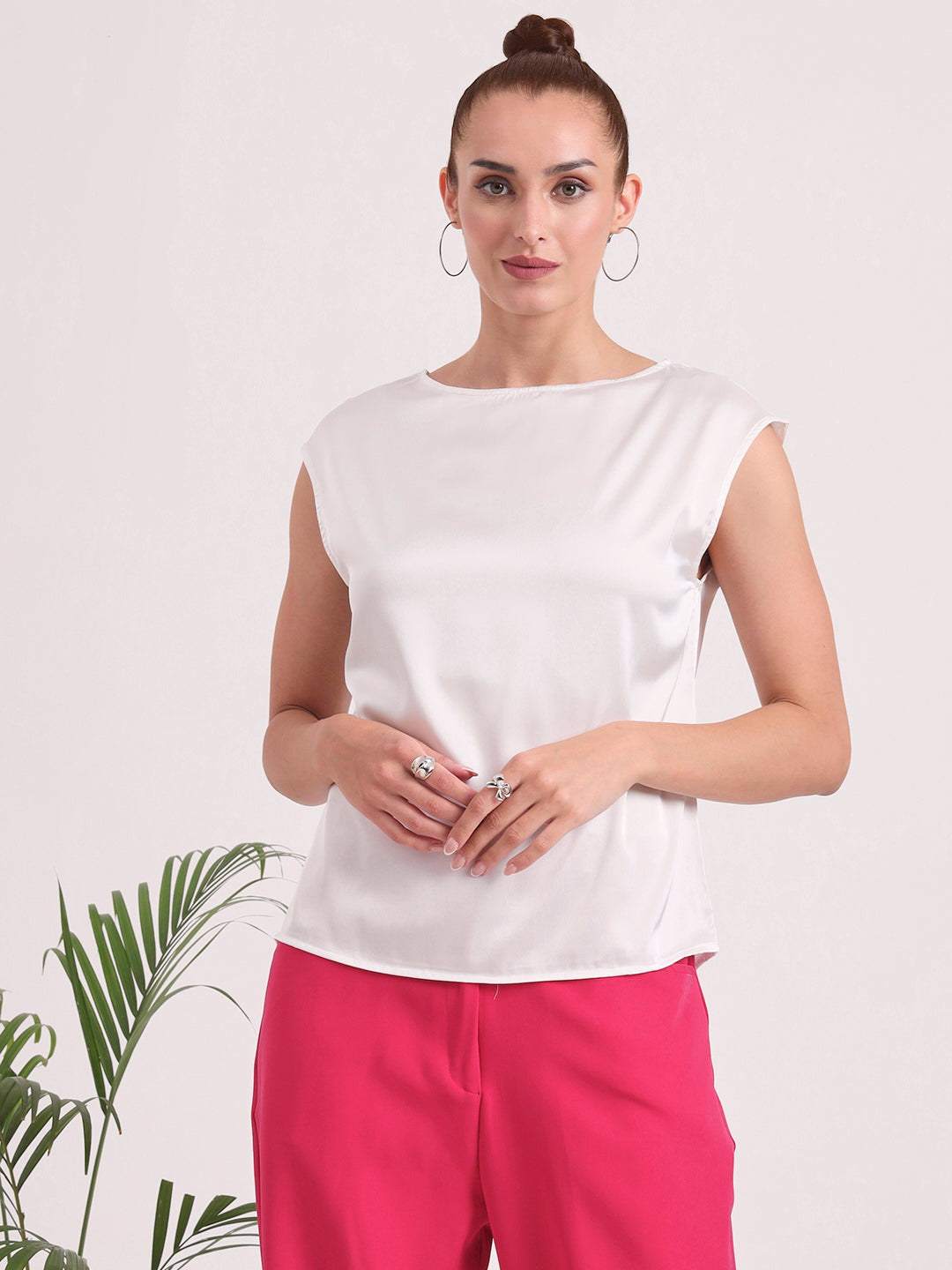 Women's European Satin Solid Crew Neck Top