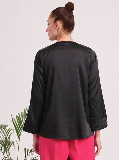 Women's European Satin V Neck Long Sleeve Top
