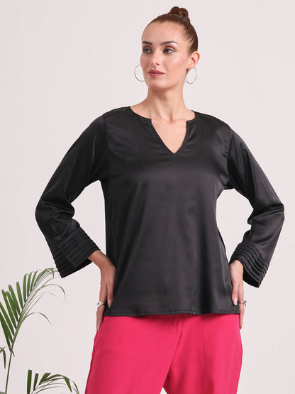 Women's European Satin V Neck Long Sleeve Top