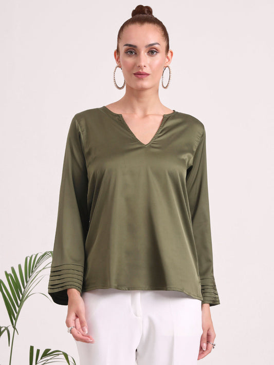 Women's European Satin V Neck Long Sleeve Top