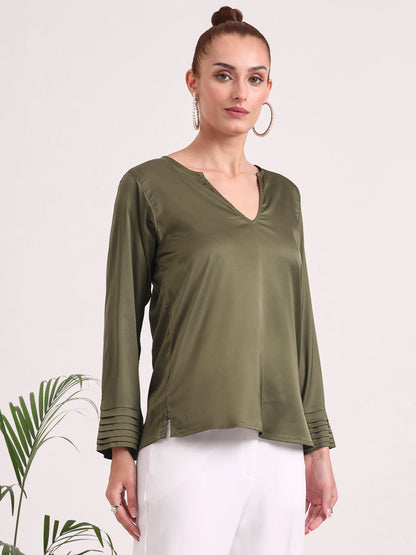 Women's European Satin V Neck Long Sleeve Top