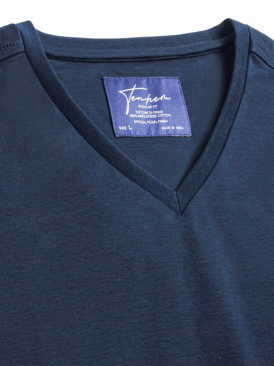 Mercerised Cotton V Neck T Shirt Interlock Regular Fit Navy