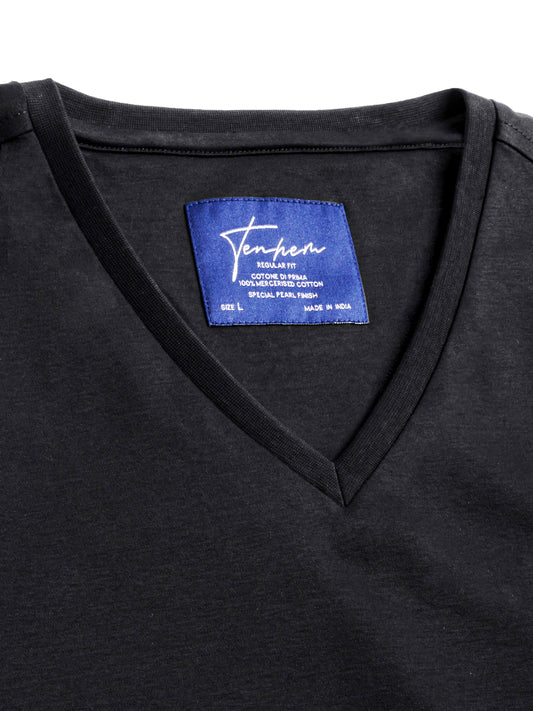 Mercerised Cotton V Neck T Shirt Interlock Regular Fit Black