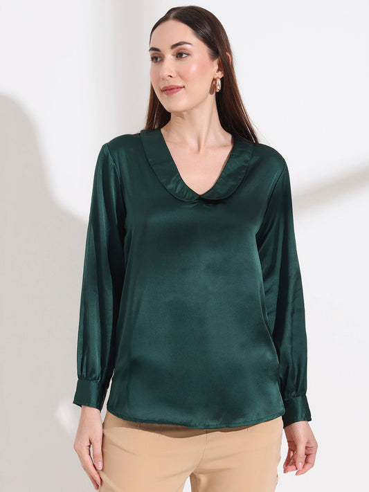 Summer Satin Emerald Green Peter Pan Collar Top