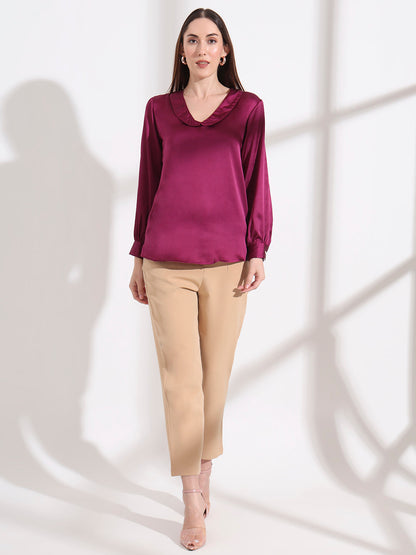 Summer Satin Deep Plum Peter Pan Collar Top