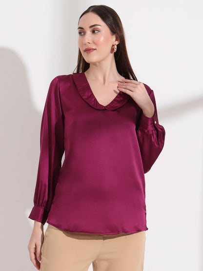 Summer Satin Deep Plum Peter Pan Collar Top