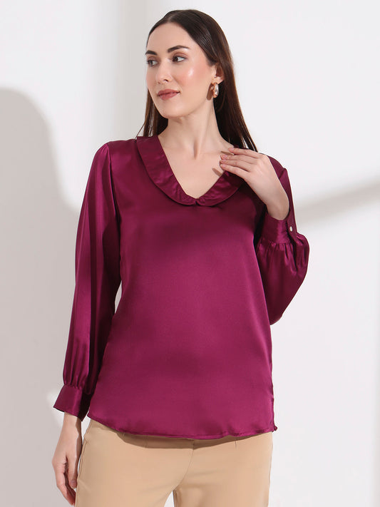 Summer Satin Deep Plum Peter Pan Collar Top