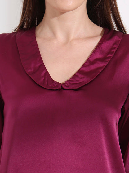 Summer Satin Deep Plum Peter Pan Collar Top