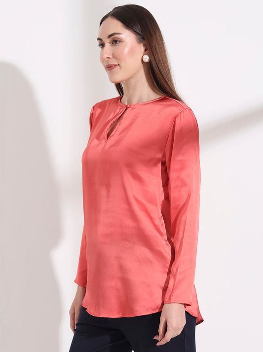 Summer Satin Coral Mandarin Collar Button Tunic