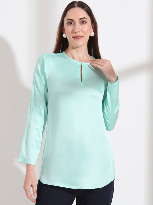 Summer Satin Mint Green Mandarin Collar Button Tunic