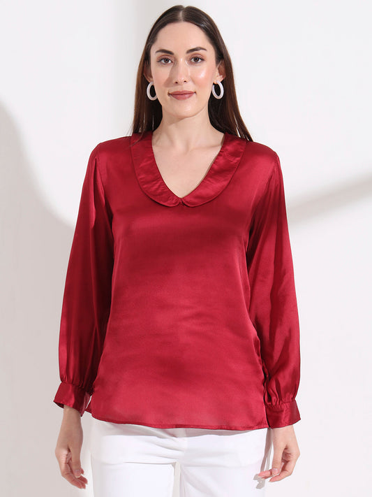 Summer Satin Maroon Peter Pan Collar Top