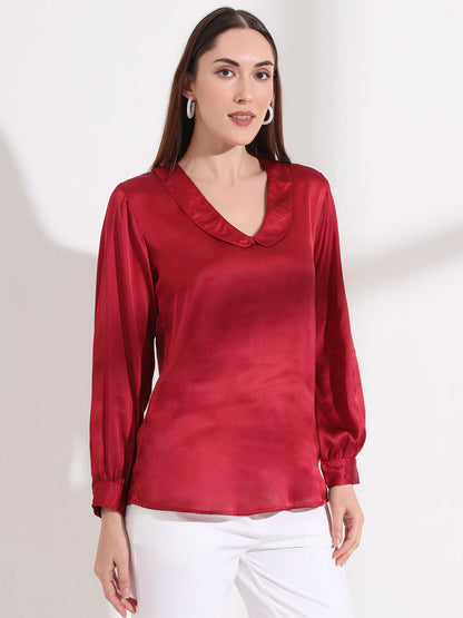 Summer Satin Maroon Peter Pan Collar Top