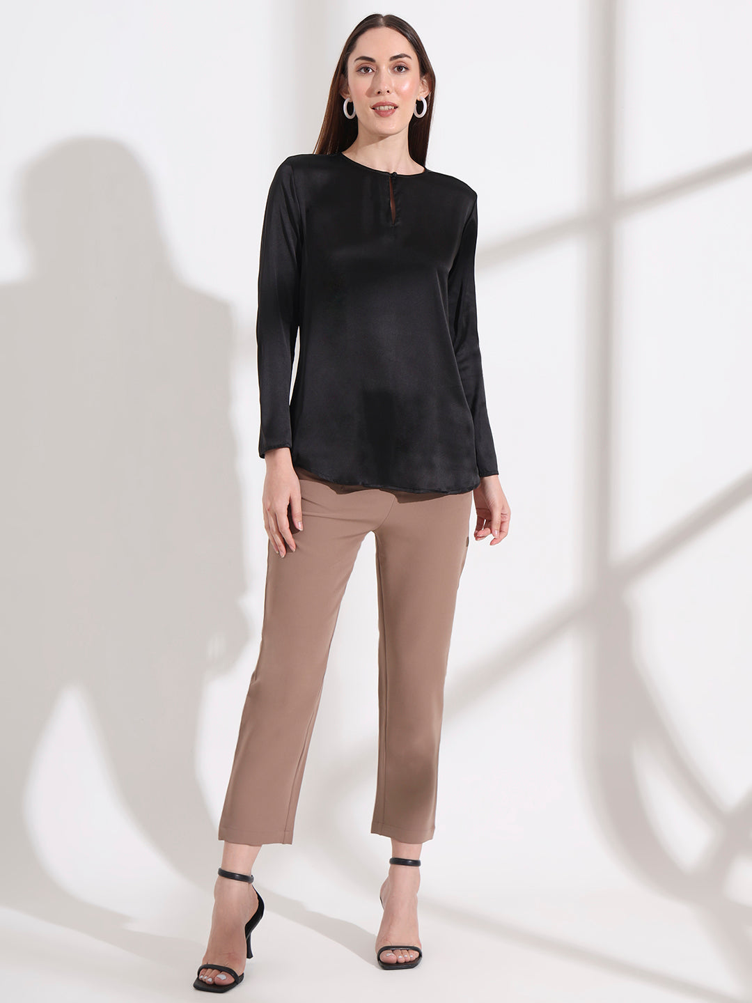 Summer Satin Black Mandarin Collar Button Tunic