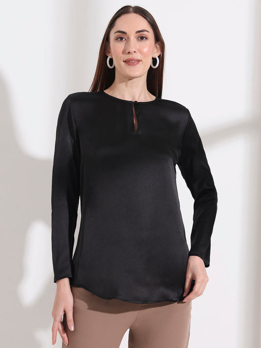 Summer Satin Black Mandarin Collar Button Tunic