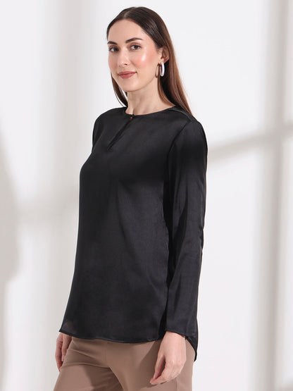 Summer Satin Black Mandarin Collar Button Tunic