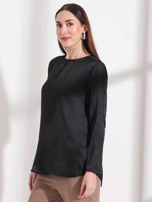 Summer Satin Black Mandarin Collar Button Tunic