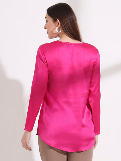 Summer Satin Magenta Mandarin Collar Button Tunic