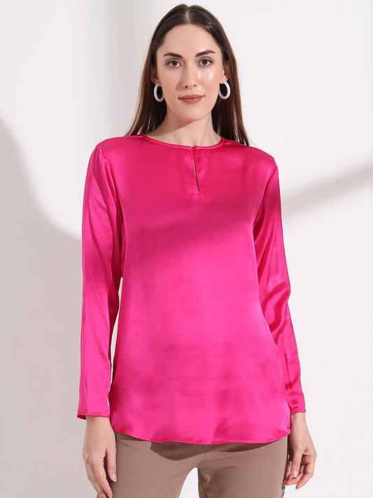 Summer Satin Magenta Mandarin Collar Button Tunic