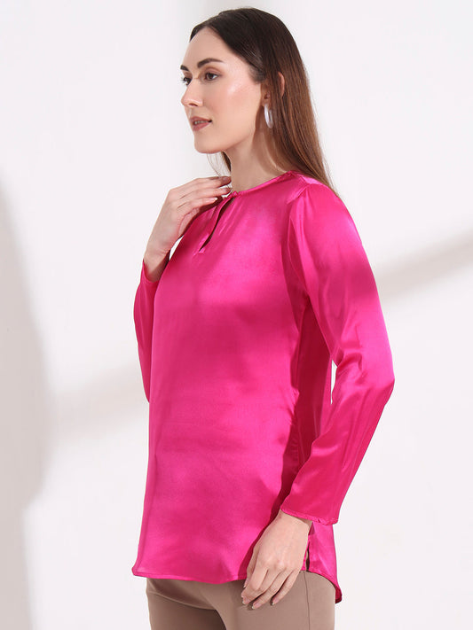Summer Satin Magenta Mandarin Collar Button Tunic