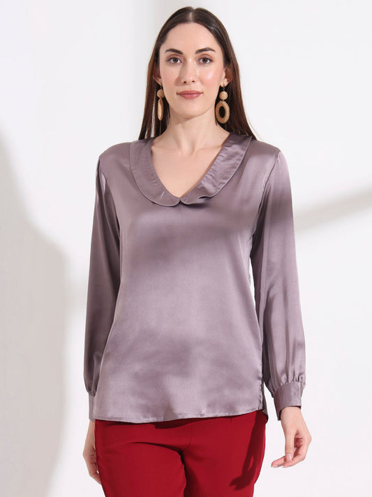 Summer Satin Mauve Peter Pan Collar Top