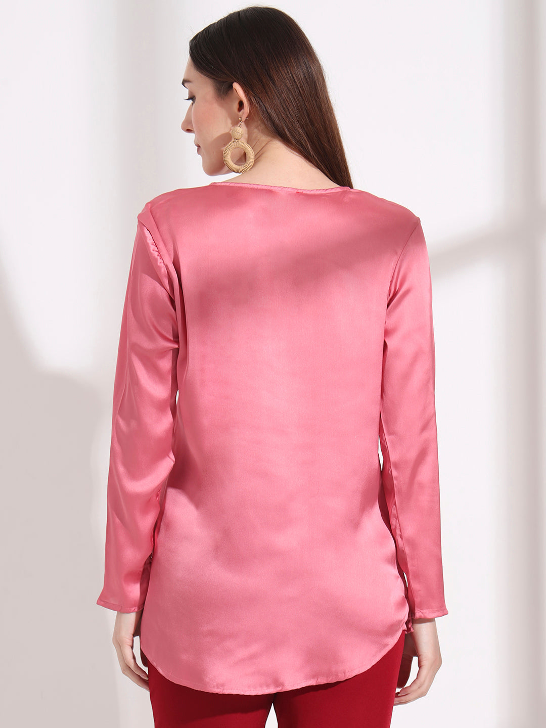 Summer Satin Rose Pink Mandarin Collar Button Tunic