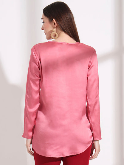 Summer Satin Rose Pink Mandarin Collar Button Tunic