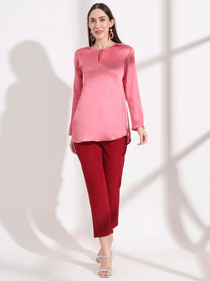 Summer Satin Rose Pink Mandarin Collar Button Tunic