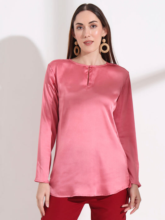 Summer Satin Rose Pink Mandarin Collar Button Tunic