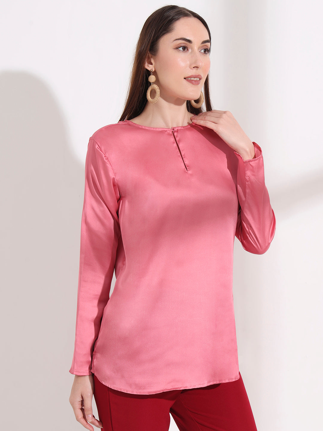 Summer Satin Rose Pink Mandarin Collar Button Tunic