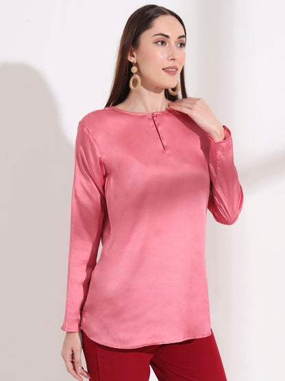 Summer Satin Rose Pink Mandarin Collar Button Tunic