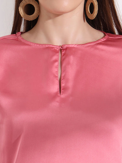 Summer Satin Rose Pink Mandarin Collar Button Tunic