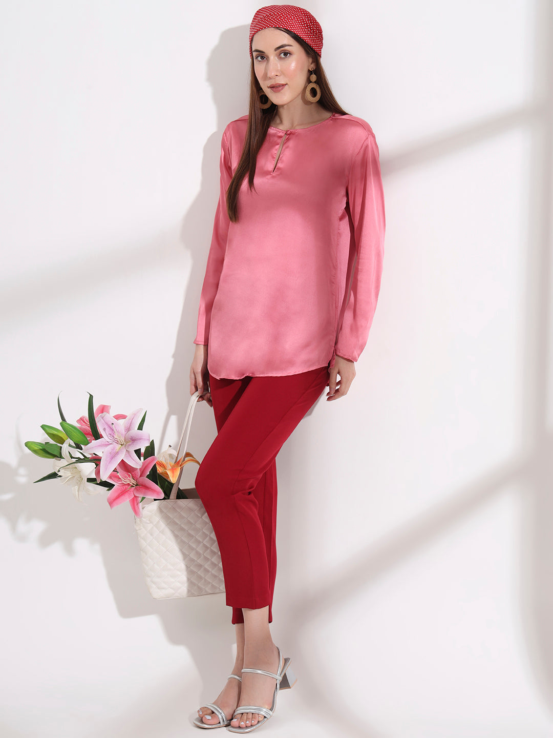 Summer Satin Rose Pink Mandarin Collar Button Tunic