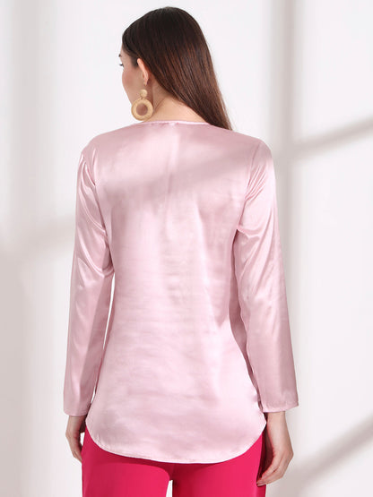 Summer Satin Light Pink Mandarin Collar Button Tunic