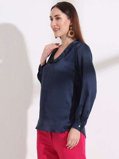 Summer Satin Navy Peter Pan Collar Top