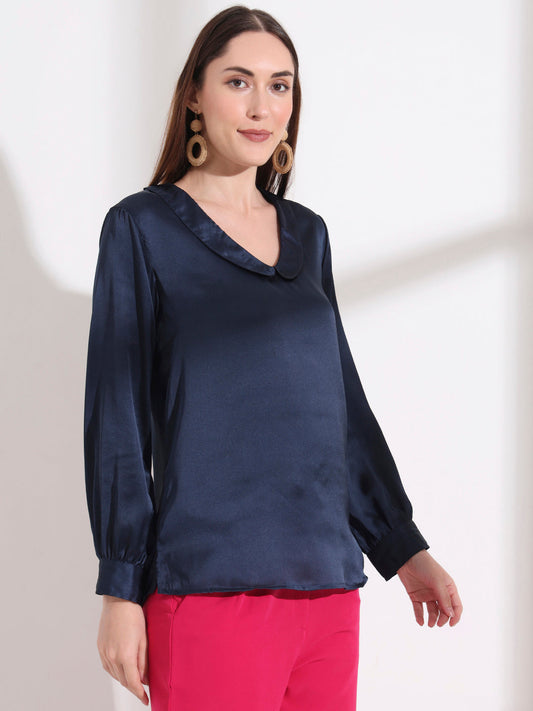 Summer Satin Navy Peter Pan Collar Top