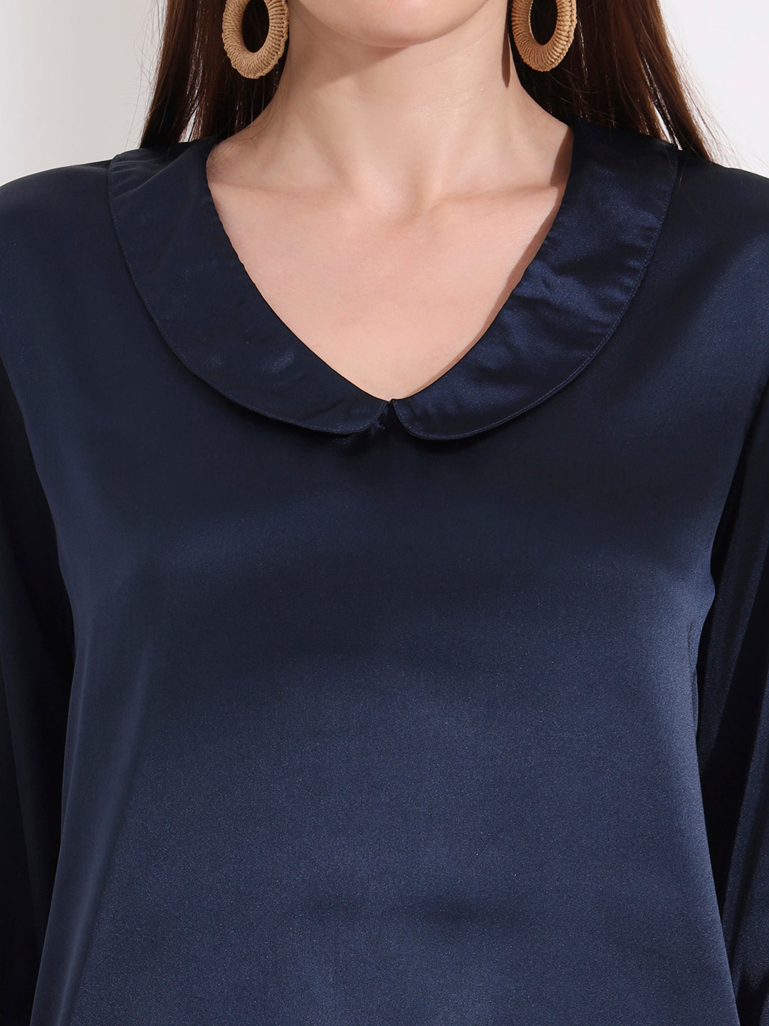Summer Satin Navy Peter Pan Collar Top